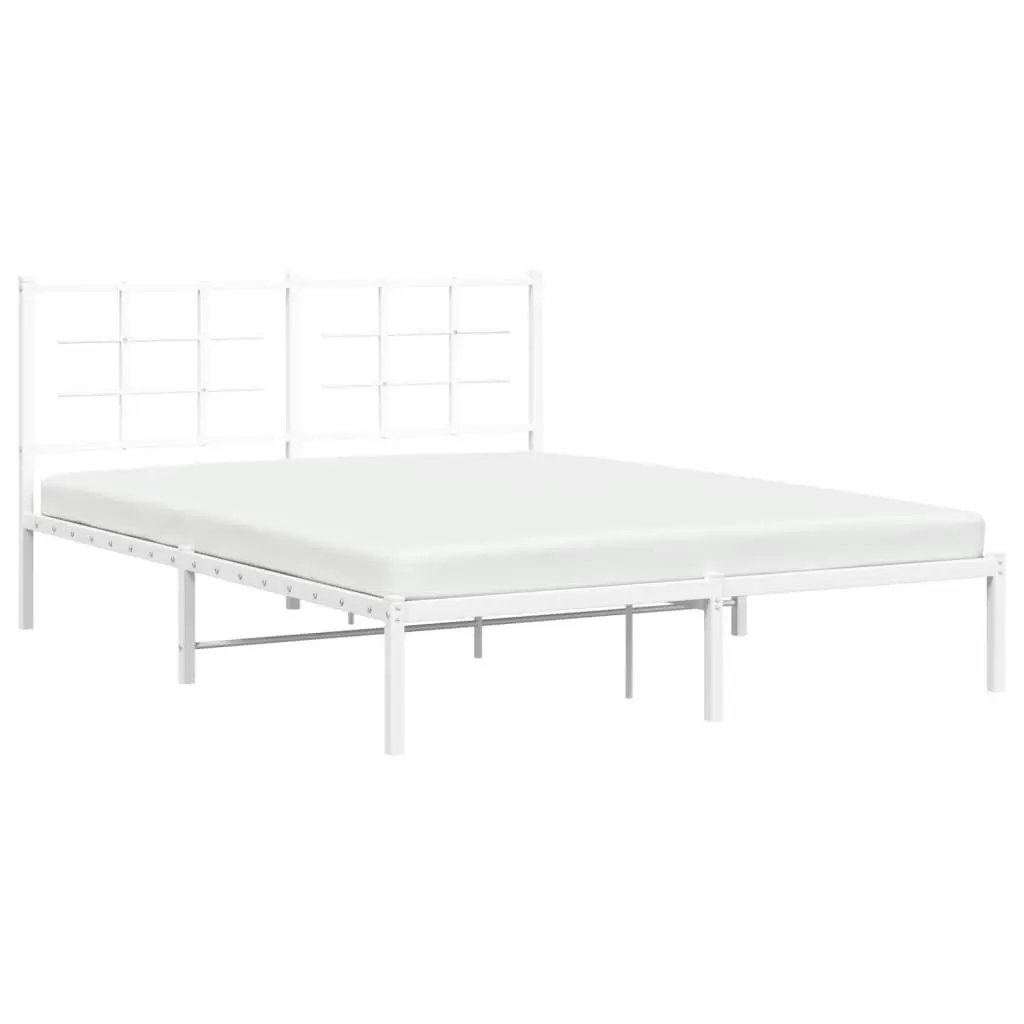 Metal Bed Frame White 150x200 cm Powder-coated Steel with Headboard Slatted Base