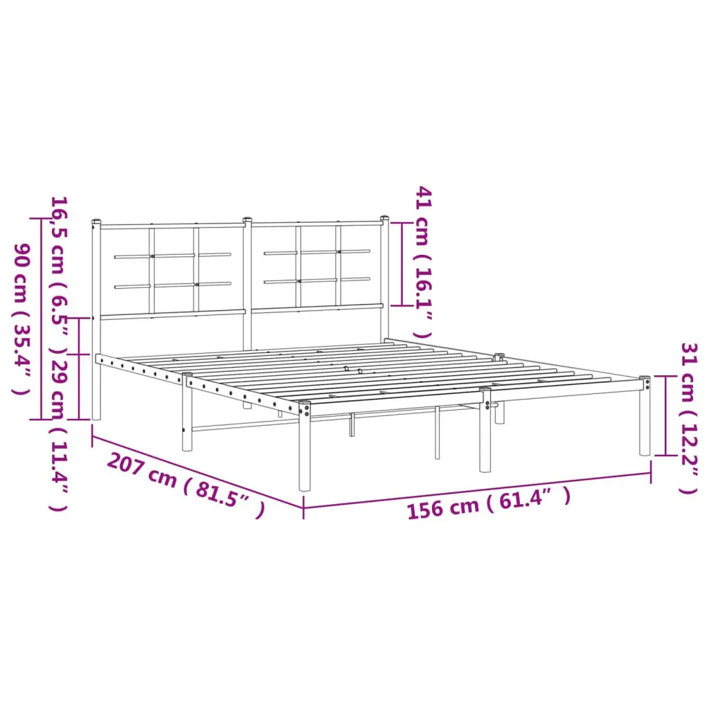Metal Bed Frame White 150x200 cm Powder-coated Steel with Headboard Slatted Base