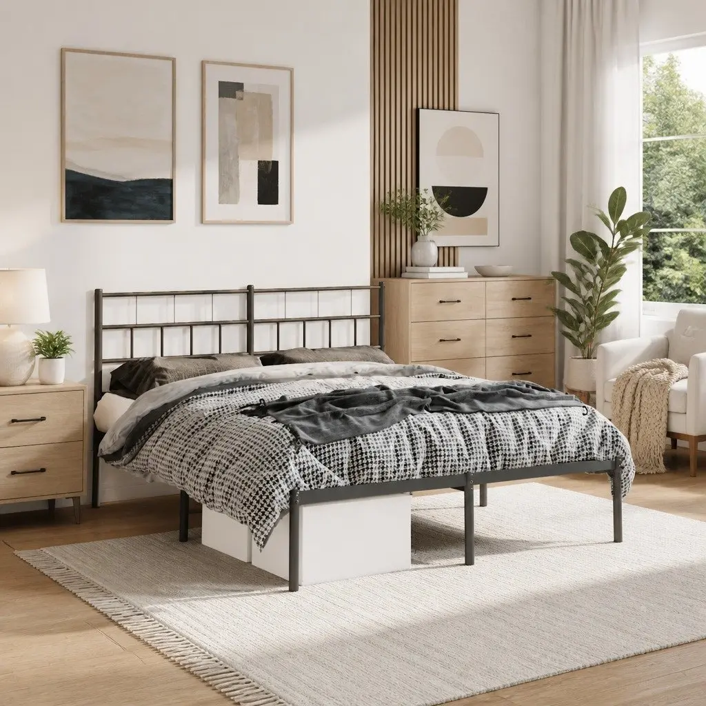 Black Steel Bed Frame 150x200 cm with Headboard