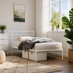 White Steel King Single Bed Frame with Headboard