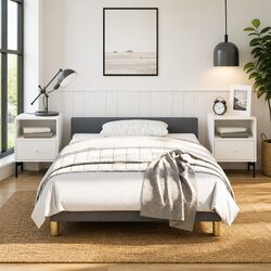 King Single Grey Fabric Bed Frame with Headboard
