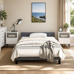 Grey Velvet King Single Bed Frame with Upholstered Headboard