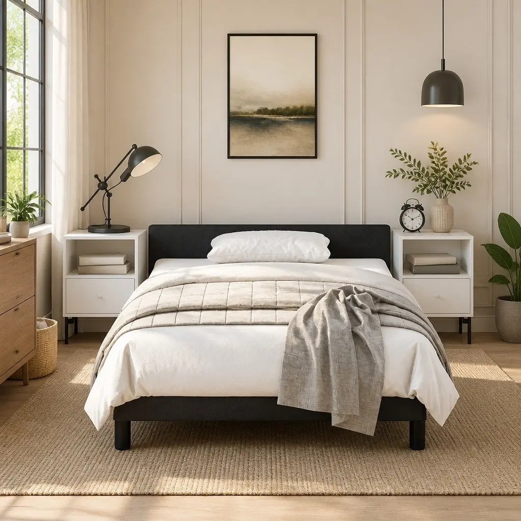 King Single Bed Frame Velvet Upholstered Black Plywood Slats
