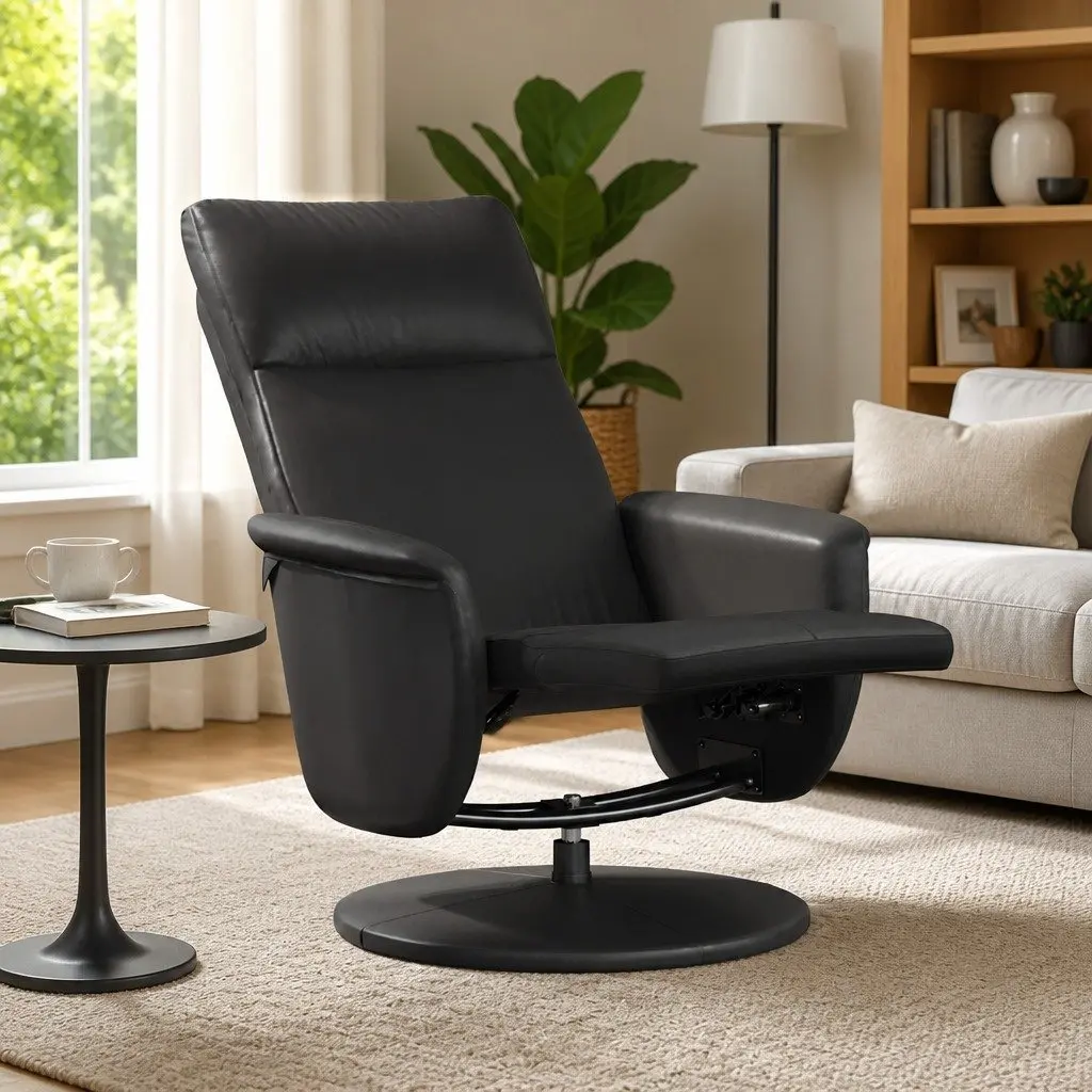 Recliner Chair Manual Recline Black Faux Leather 360 Degree Swivel