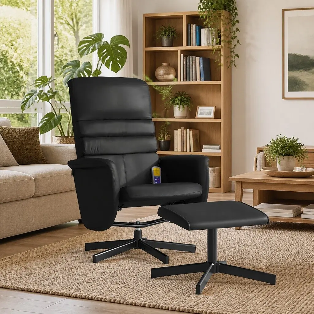 Recliner Chair Massage Black Faux Leather Swivel Armchair with Footstool 6 Vibration Points