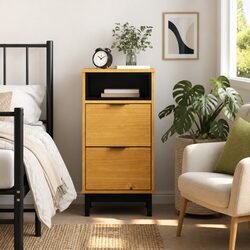 Brown Solid Pine Wood Bedside Cabinet with 2 Drawers