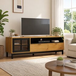 Warm Brown Solid Pine TV Cabinet with Glass Door