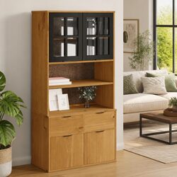 Brown Pine Wooden Highboard Top Cabinet for Living Spaces