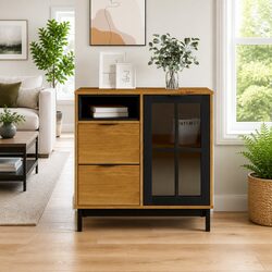 Brown Solid Pine Wood Sideboard with Glass Door 80x40x80cm