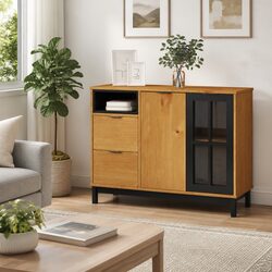 Brown Solid Pine Wood Sideboard with Glass Door 110x40x80cm