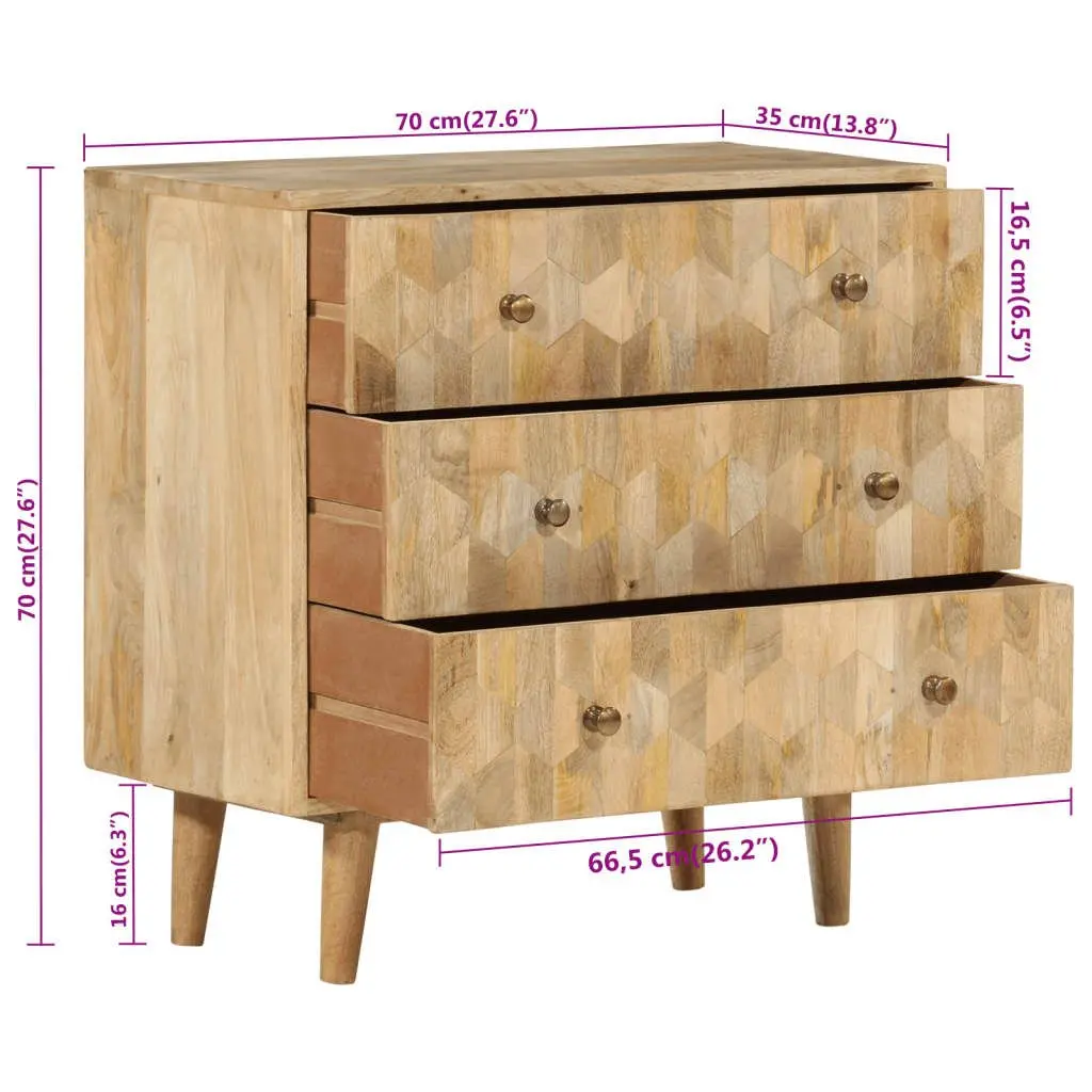 Drawer Cabinet Retro Style 3 Drawers Solid Mango Wood Brown Storage Chest