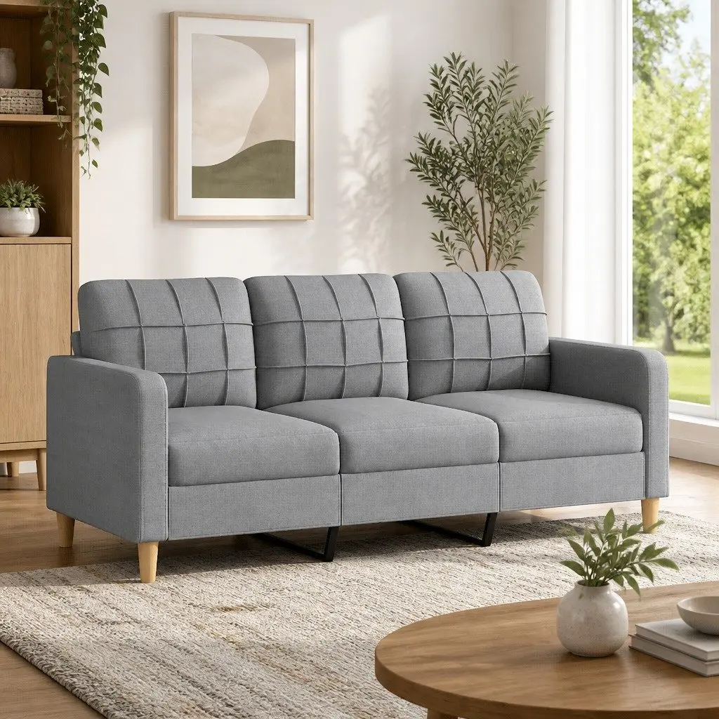 3-Seater Sofa Grey 180cm Fabric Lounge Couch Metal Frame Padded Armrests