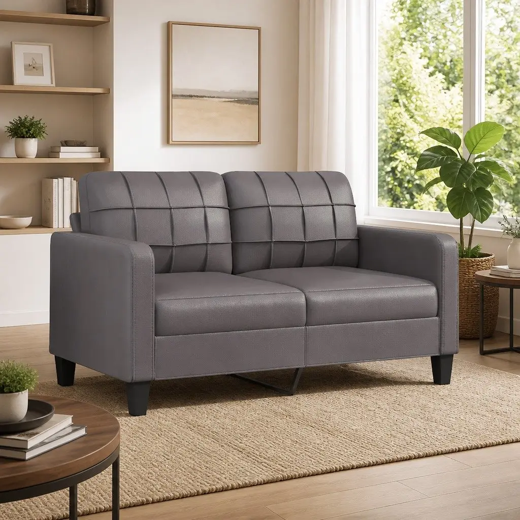 2-Seater Sofa Grey 140cm Lounge Couch Modern Living Room Faux Leather Furniture