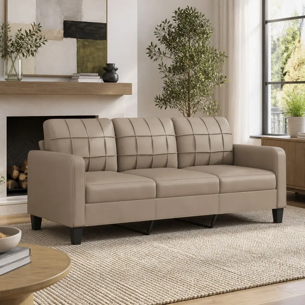 3-Seater Sofa Brown Faux Leather 180cm Metal Frame