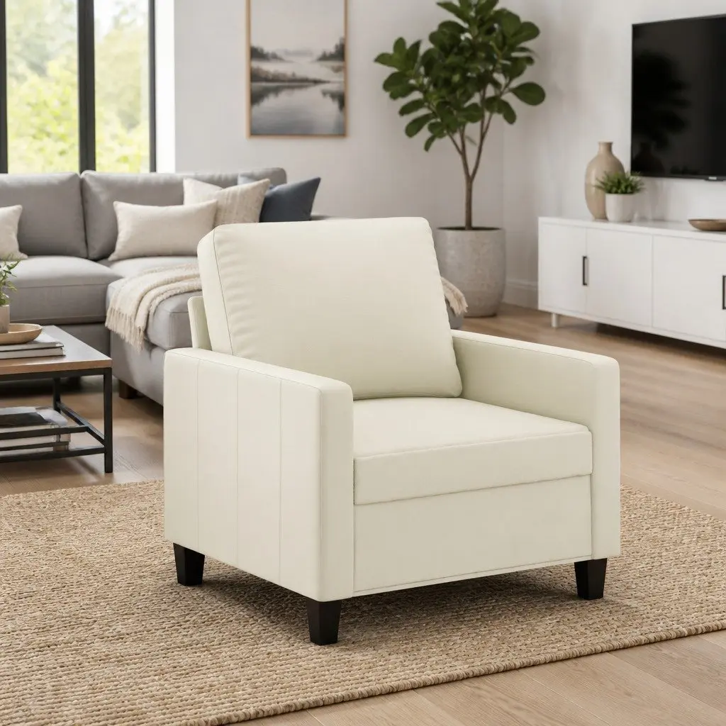 Sofa Chair Cream Faux Leather Armchair Modern Living Room Seating Furniture