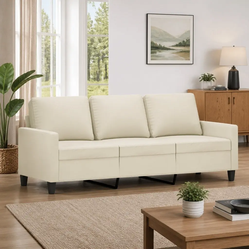 3 Seater Sofa Cream Faux Leather 180cm Modern Lounge Couch Living Room Furniture