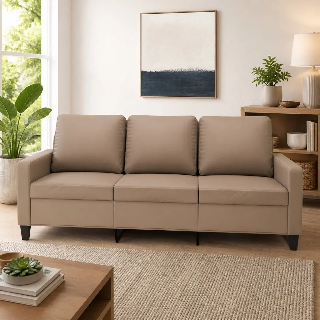 3-Seater Sofa Brown Faux Leather Modern 180cm Metal Frame
