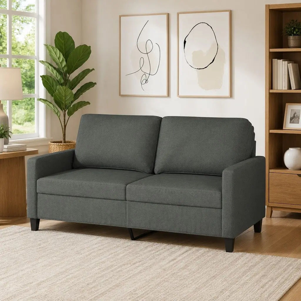 2-Seater Sofa Dark Grey 140cm Upholstered Metal Frame