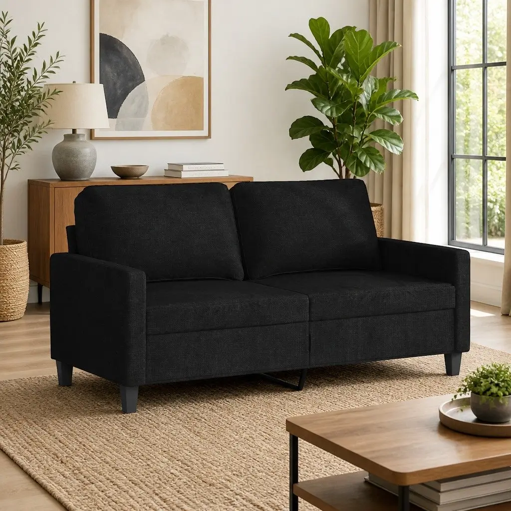 2-Seater Sofa Black 140cm Fabric Metal Lounge Couch