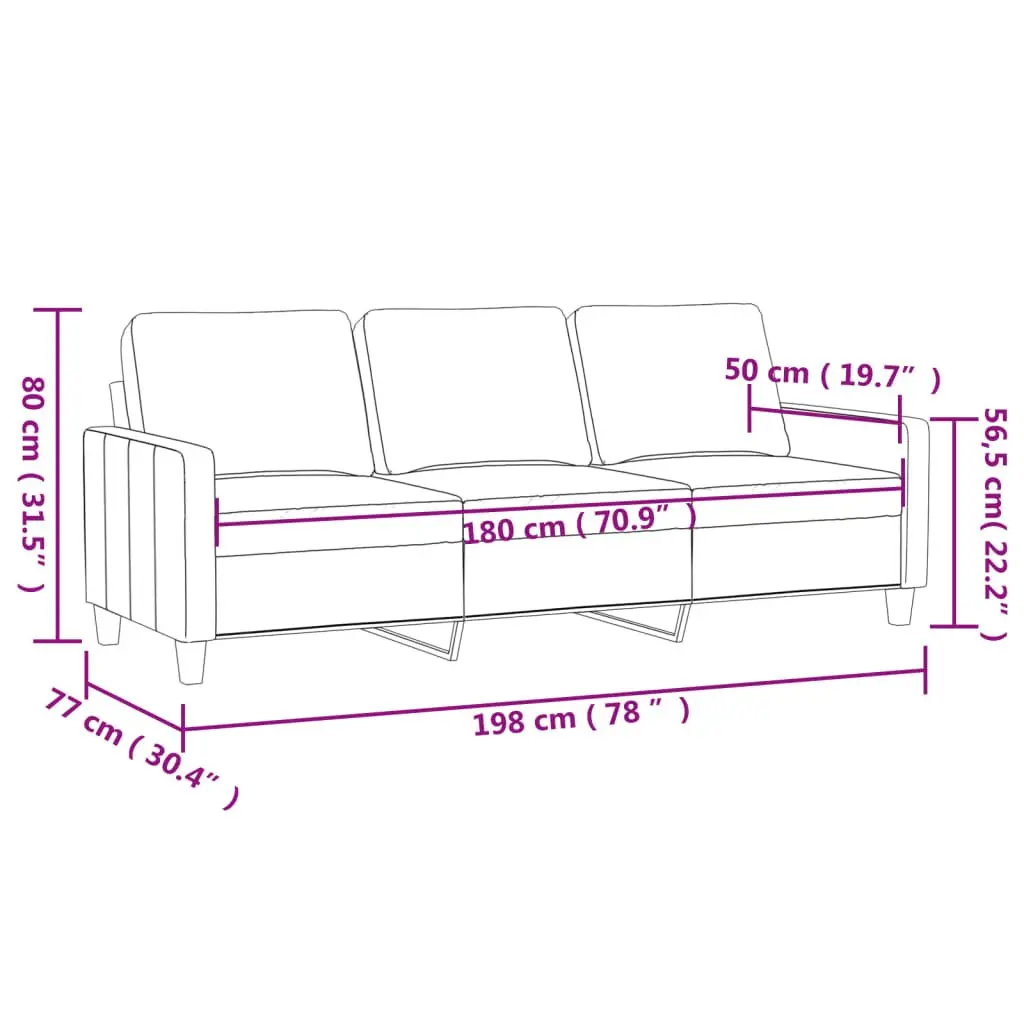 180cm Grey Velvet 3-Seater Sofa with Padded Armrests and Metal Frame