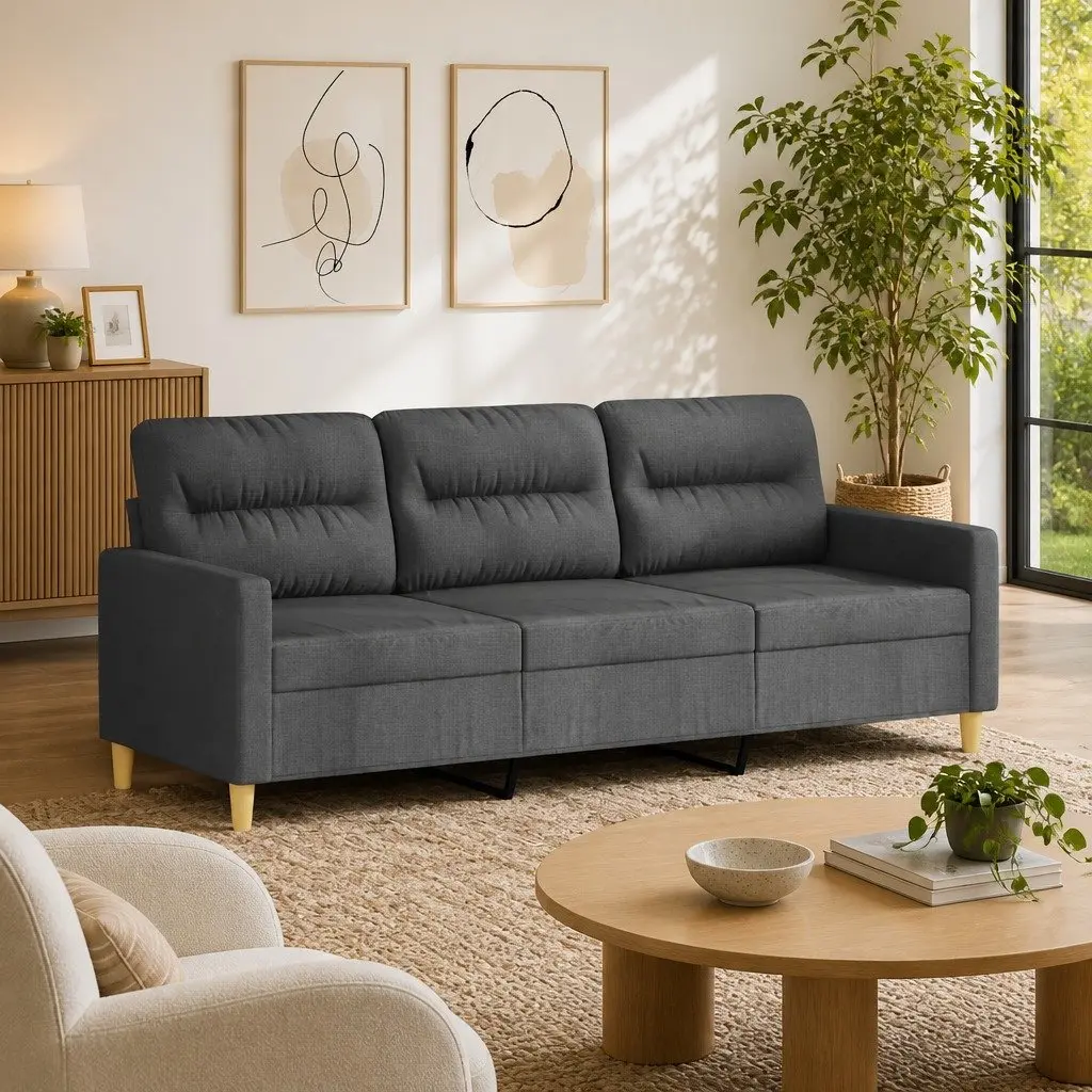 3-Seater Sofa Grey Fabric 180cm Modern Metal Frame Couch