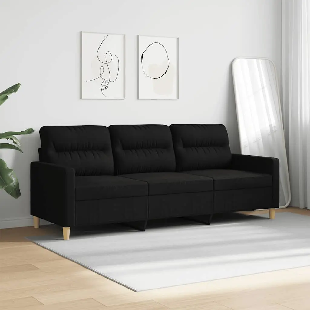 3-Seater Sofa Black 180cm Modern Fabric Upholstered Couch Metal Frame