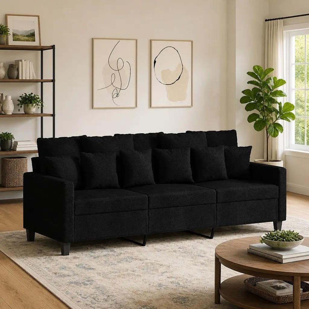 3-Seater Sofa Black 180cm Fabric Modern Lounge Couch