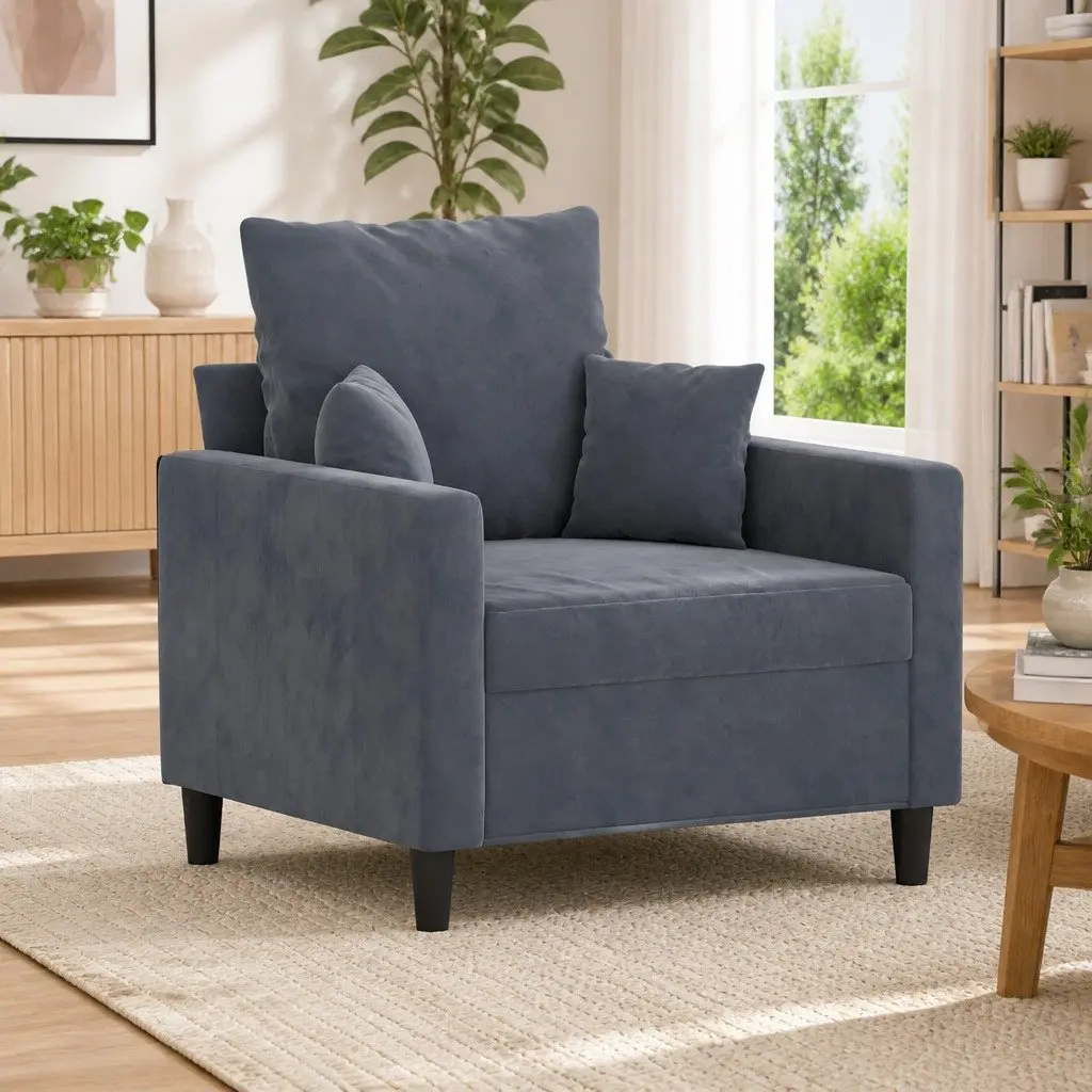 Sofa Chair Grey Velvet 60cm Padded Seat Modern Metal Frame