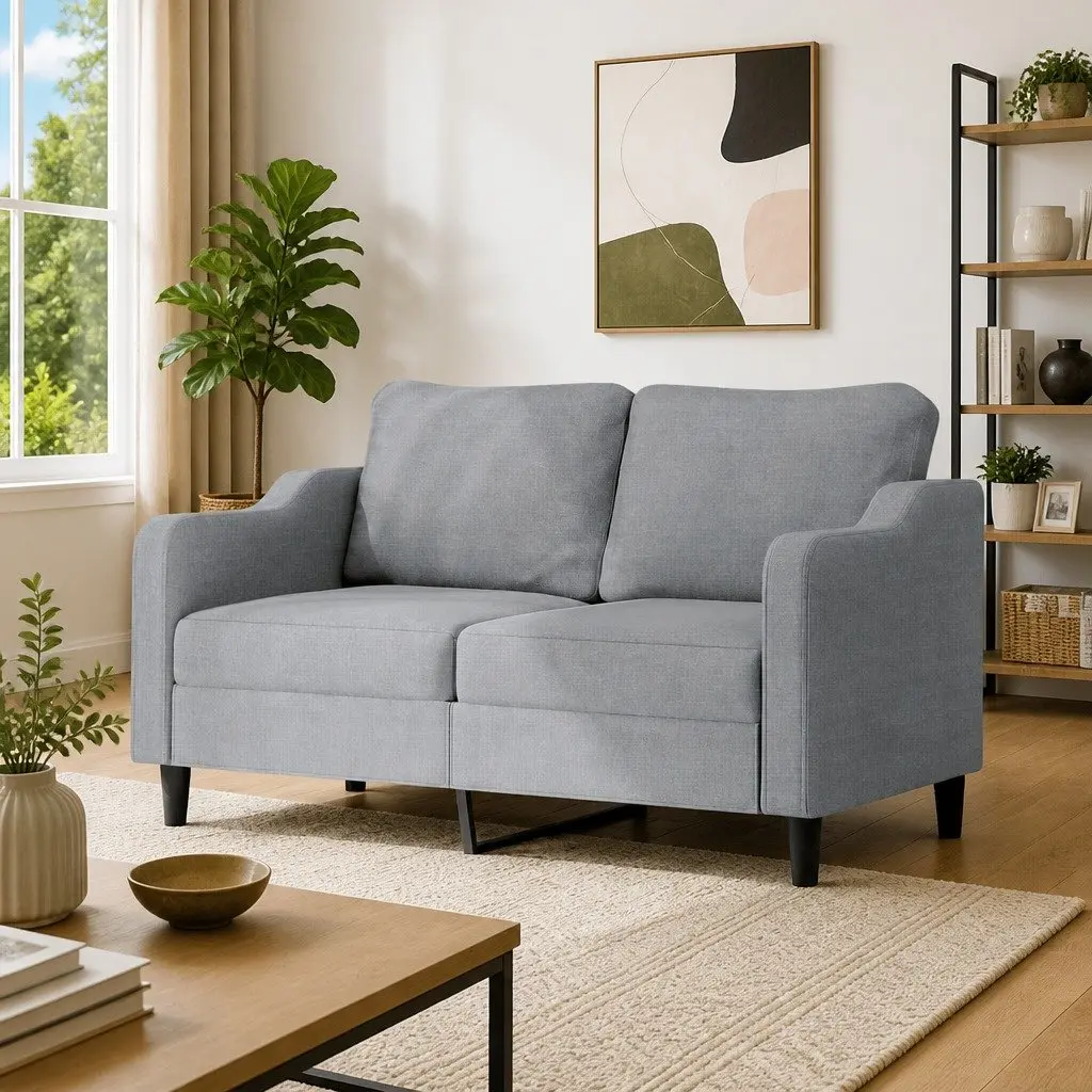 Grey Fabric 2-Seater Sofa with Padded Armrests