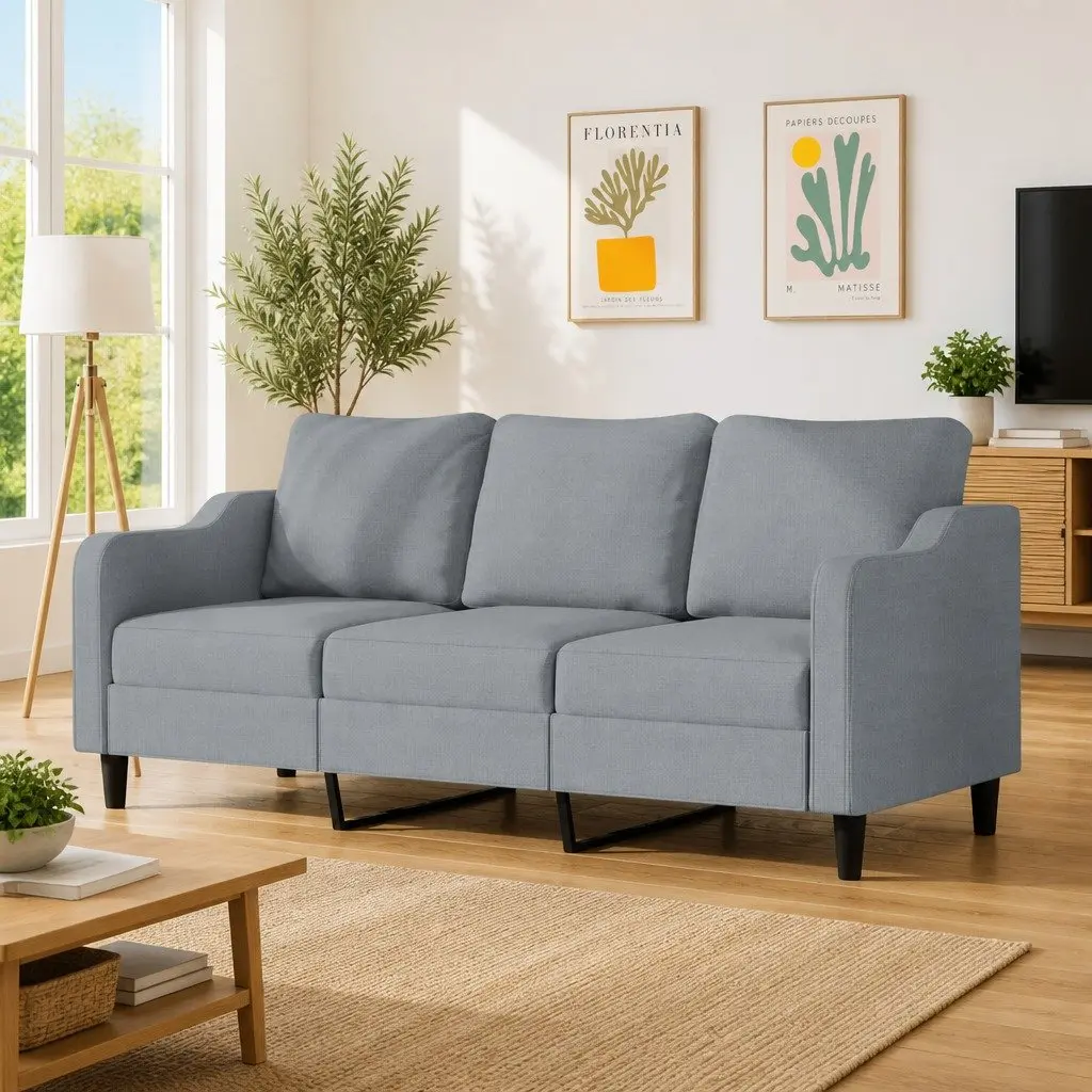 3-Seater Sofa Light Grey 180cm Modern Fabric Upholstered Couch