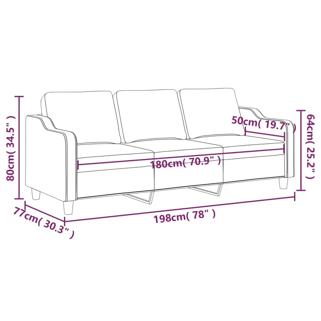 3-Seater Sofa Grey 180cm Fabric Couch Metal Frame Living Room Furniture