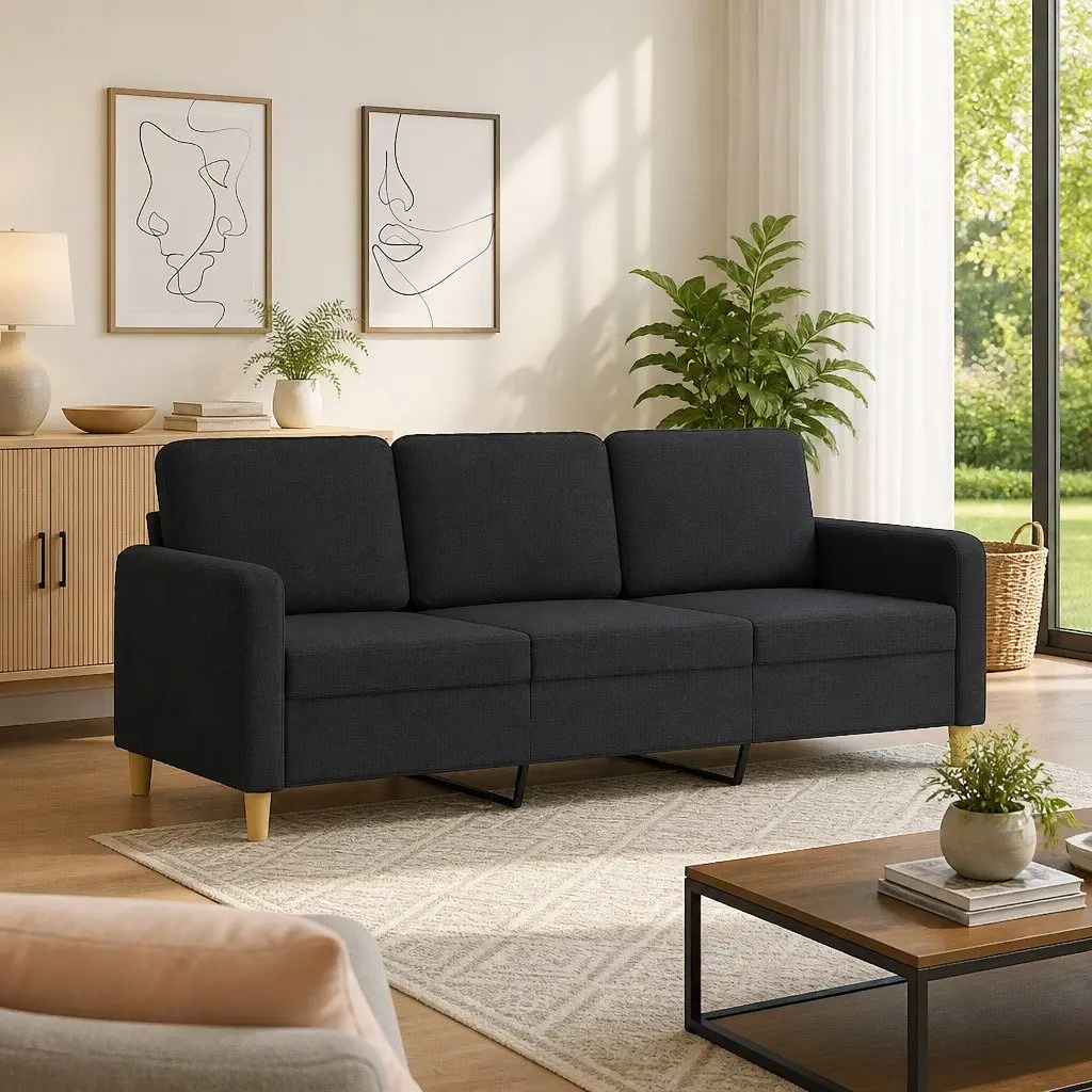 3-Seater Sofa Black Fabric 180cm Metal Frame Upholstered Lounge Seat