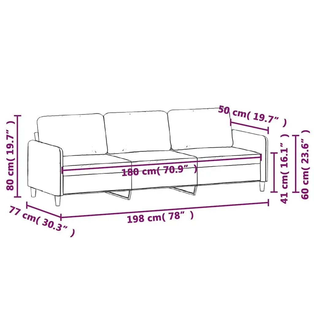 3-Seater Sofa Black Fabric 180cm Metal Frame Upholstered Lounge Seat