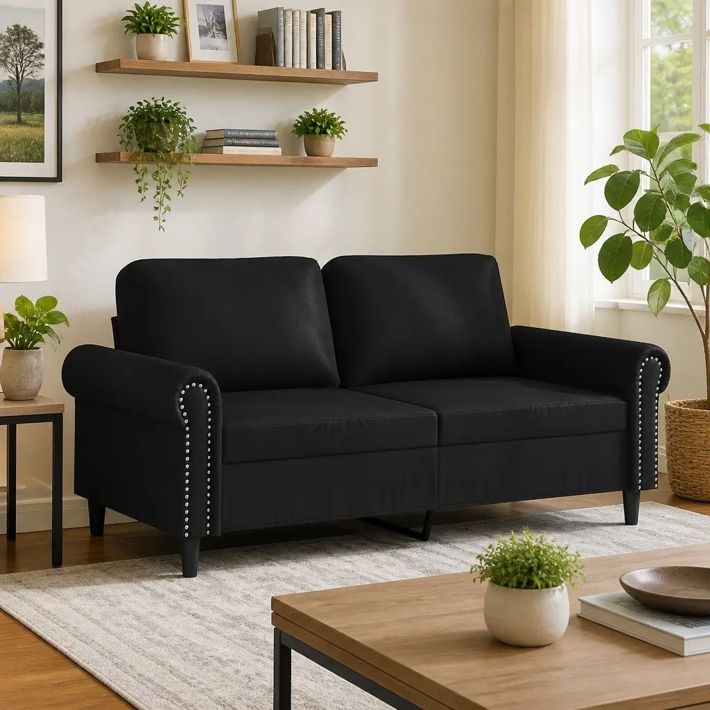 Black Faux Leather 140cm 2-Seater Sofa Modern Lounge Couch Furniture