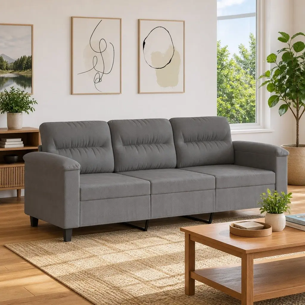 Grey Microfibre Upholstered 3-Seater Sofa Contemporary Lounge Couch 180cm Metal Frame