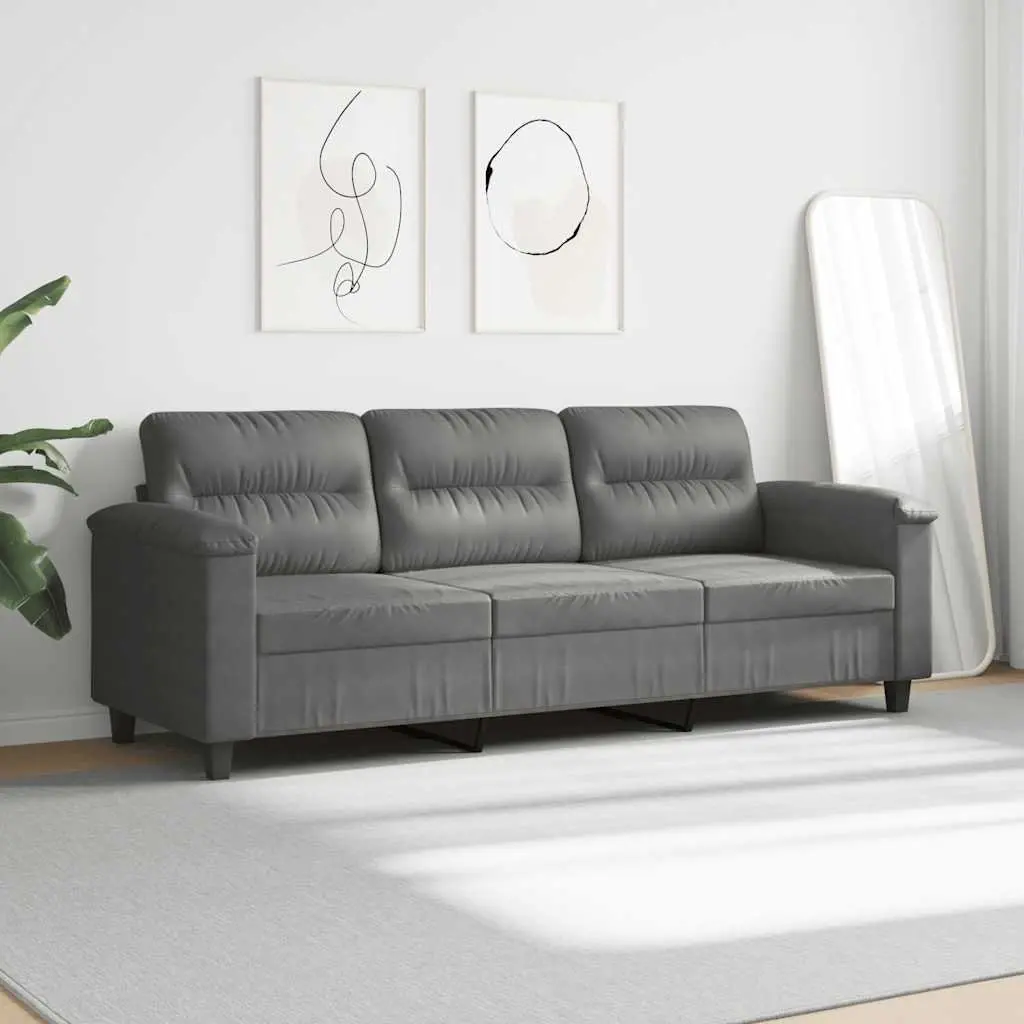 Grey Microfibre Upholstered 3-Seater Sofa Contemporary Lounge Couch 180cm Metal Frame