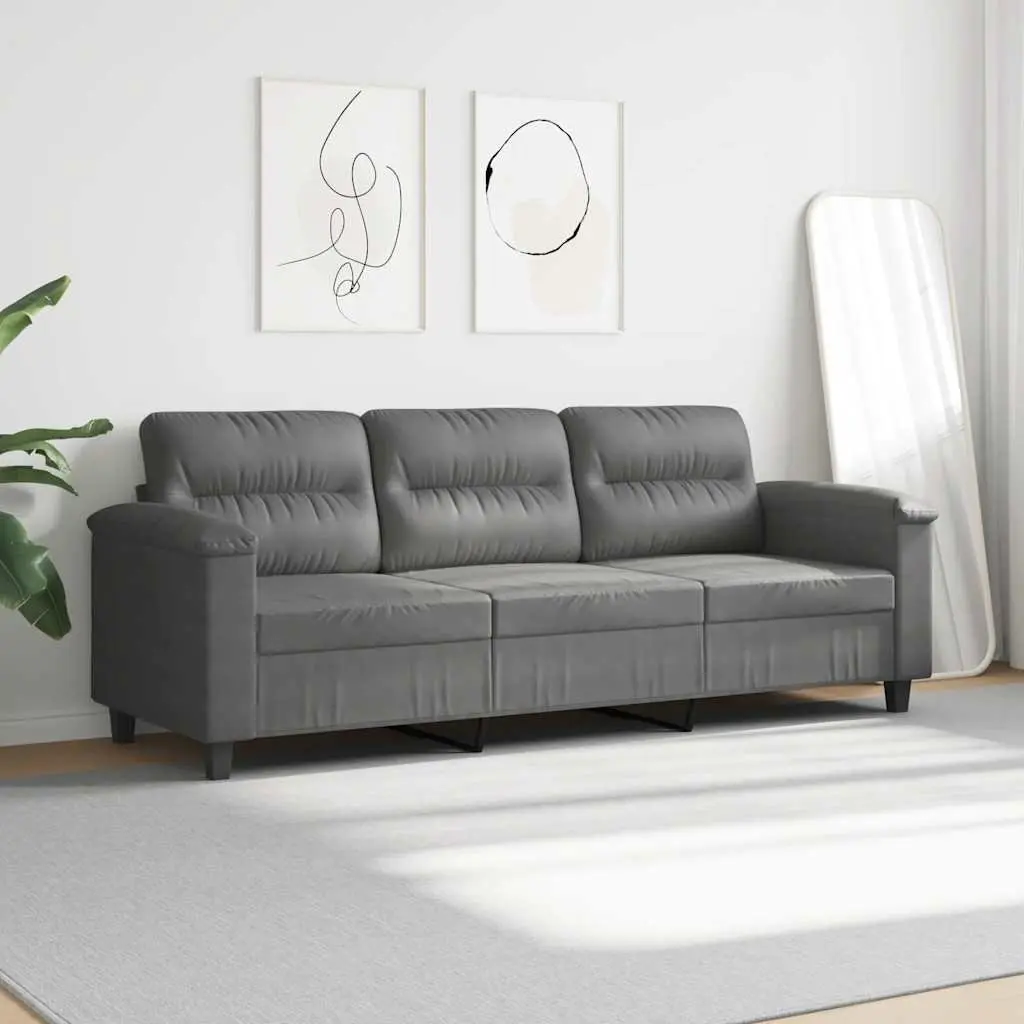Grey Microfibre Upholstered 3-Seater Sofa Contemporary Lounge Couch 180cm Metal Frame
