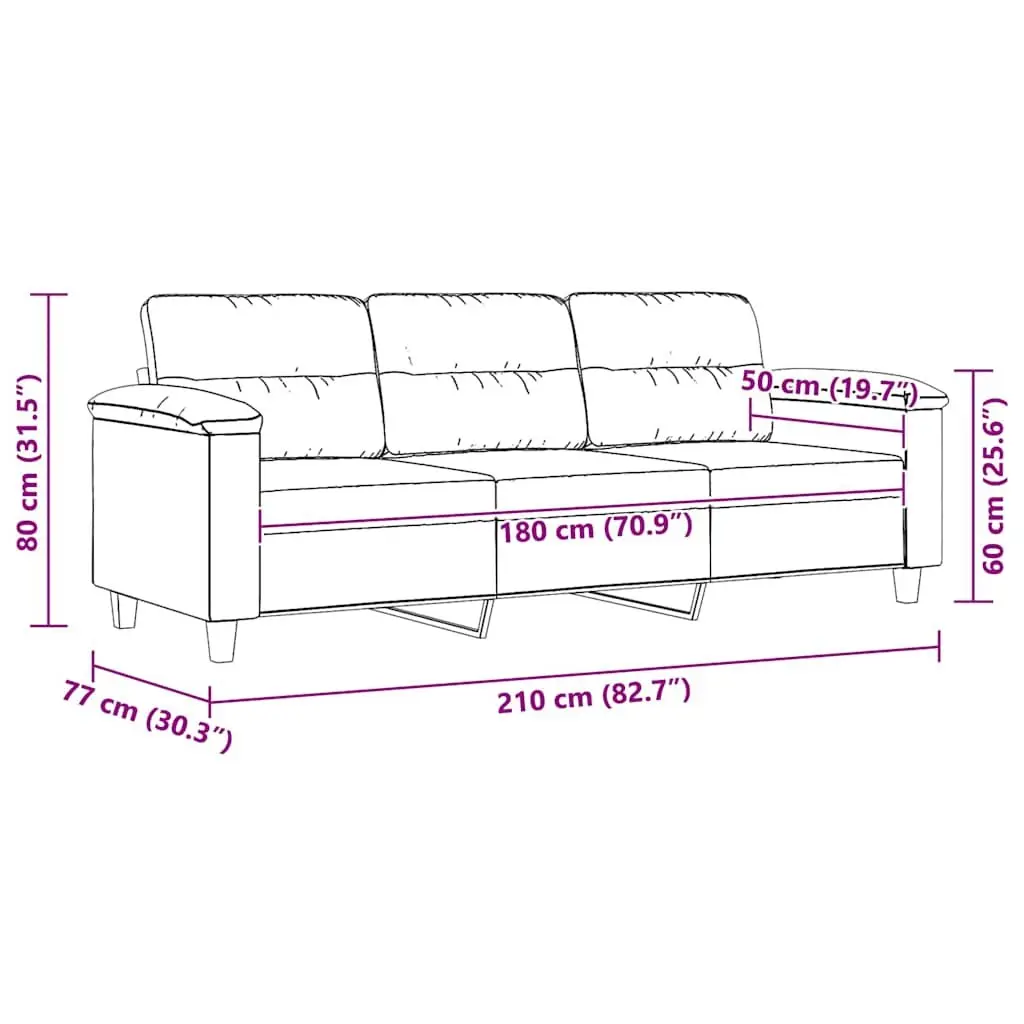 Grey Microfibre Upholstered 3-Seater Sofa Contemporary Lounge Couch 180cm Metal Frame
