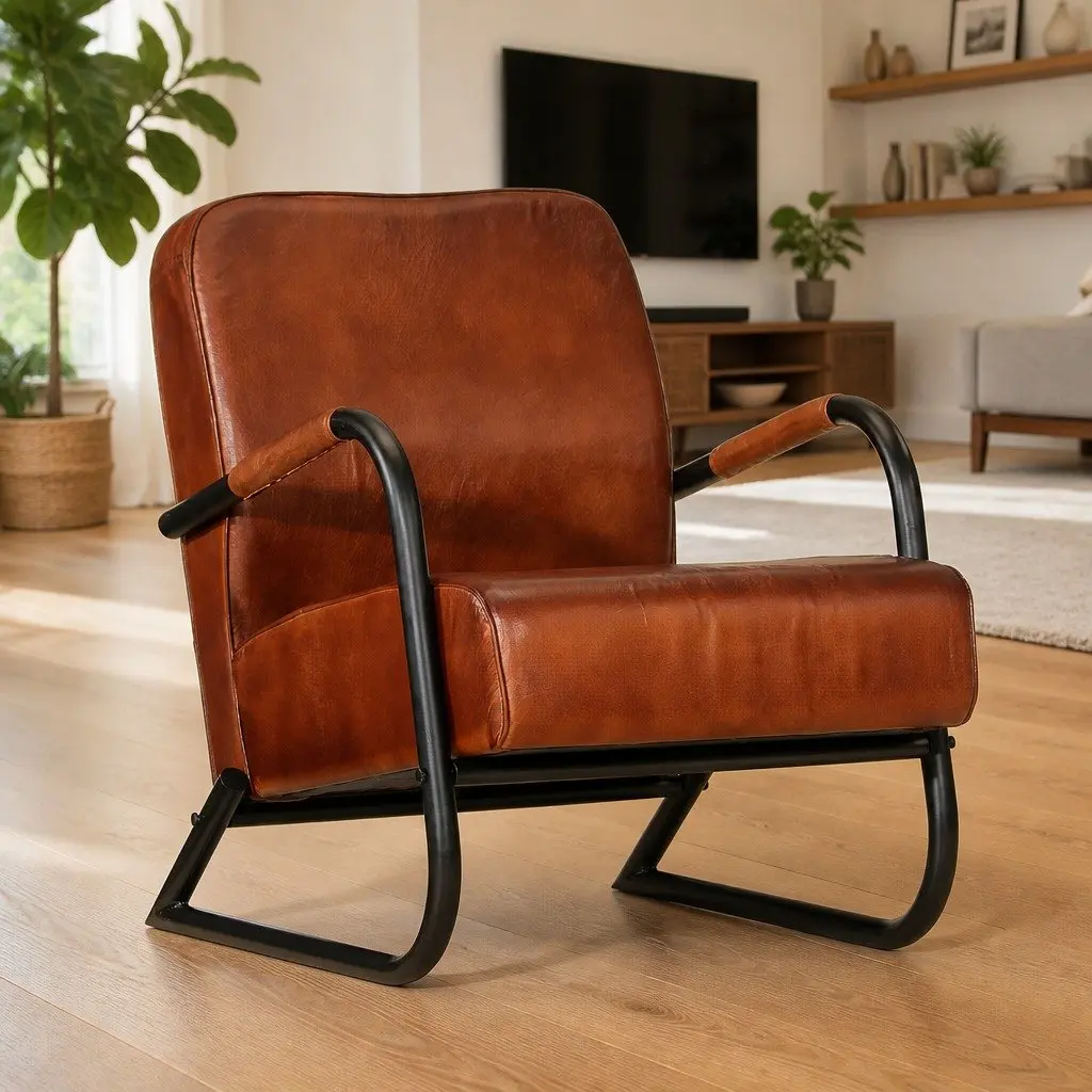 Brown Leather Armchair Single Sofa Chair Lounge Seat Iron Frame