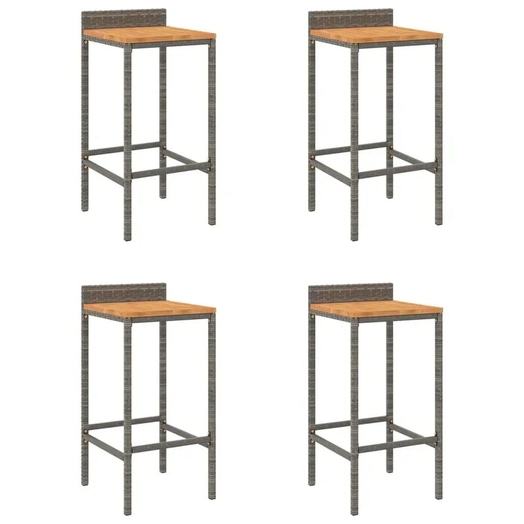 Bar Stools 4pcs Grey Poly Rattan Wooden Seat Outdoor Indoor Kitchen Dining