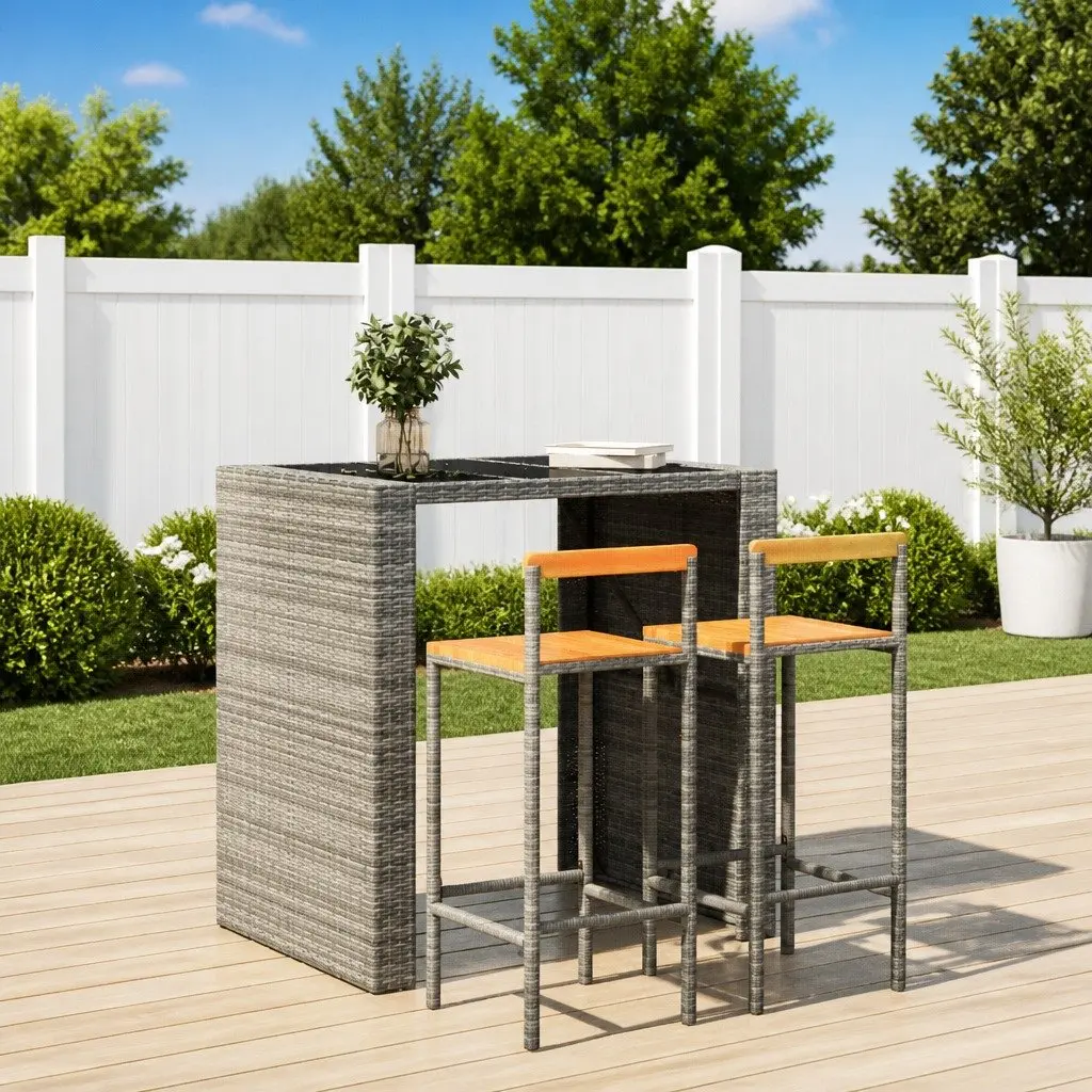 Bar Stools Set of 2 Grey Poly Rattan Wooden Seat Indoor Outdoor Kitchen Counter