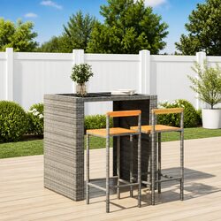 Set of 2 Grey Poly Rattan Bar Stools with Wooden Seat