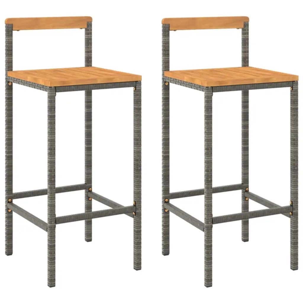 Bar Stools Set of 2 Grey Poly Rattan Wooden Seat Indoor Outdoor Kitchen Counter