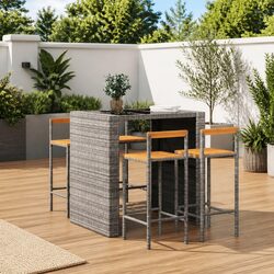 Set of 4 Grey Poly Rattan Bar Stools with Wooden Seat