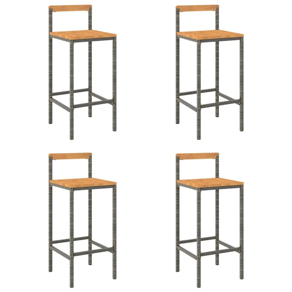 Bar Stools Grey Poly Rattan Wooden Seat Indoor Outdoor Dining Chair Set of 4