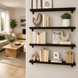 Rustic Solid Oak Wood Wall Shelf in Dark Brown 100x30cm