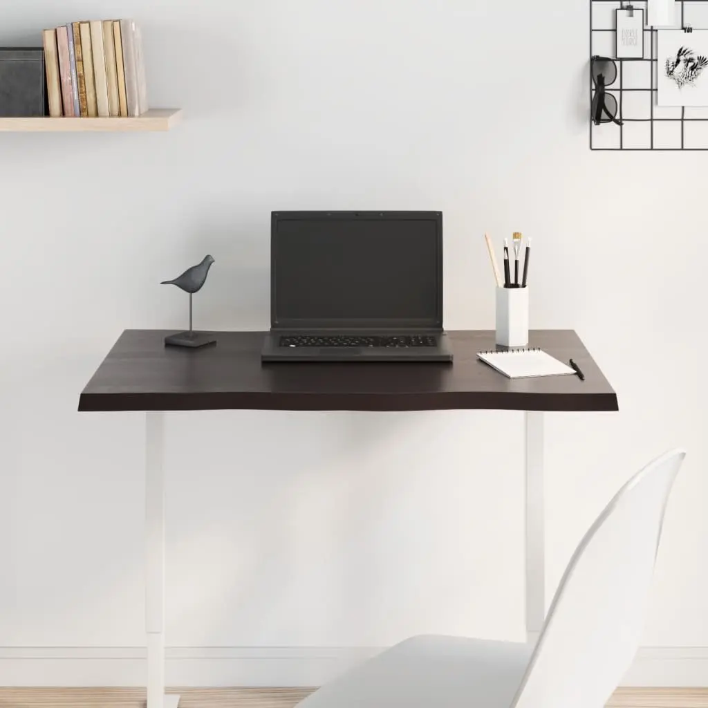 Solid Oak Wood Table Top Dark Brown Live Edge 80x60x2 cm
