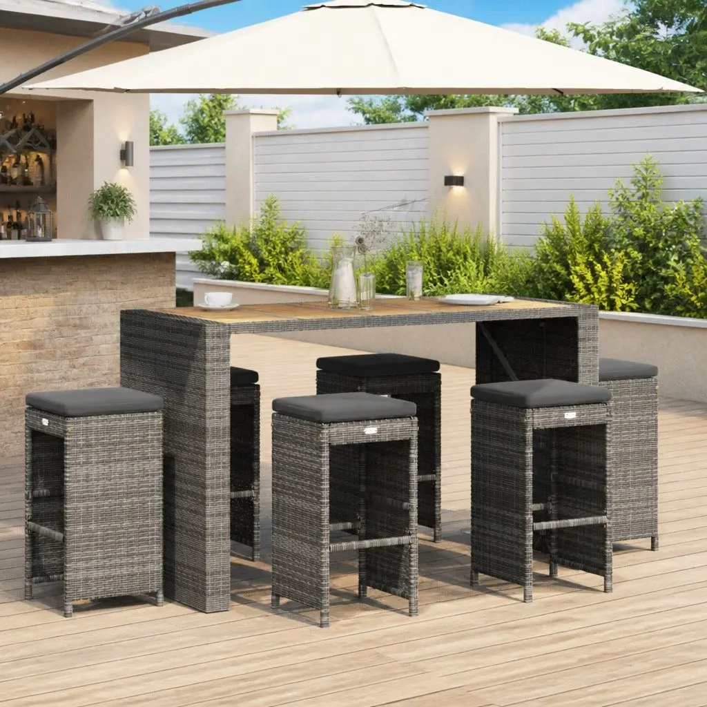 Outdoor Bar Stools Set Grey Cushioned 6 Piece PE Rattan