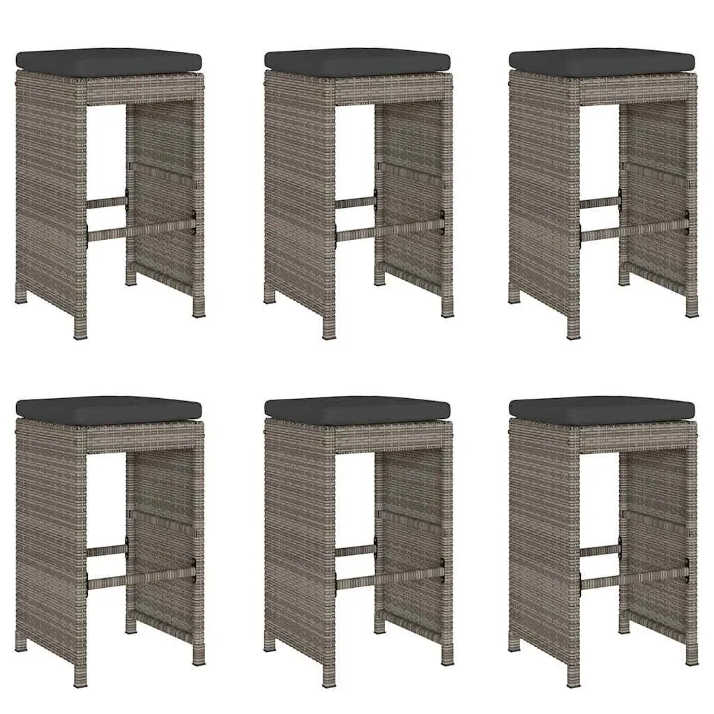 Outdoor Bar Stools Set Grey Cushioned 6 Piece PE Rattan