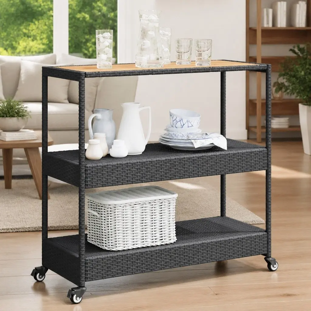 3-Tier Bar Cart Black Poly Rattan Acacia Wooden Top Storage Drinks Serving